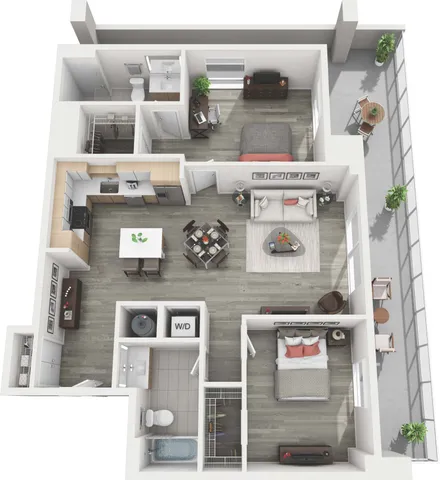 Modern 3D floor plan showcasing two bedrooms, cozy living area, sleek kitchen, and private balcony, ideal for contemporary living.