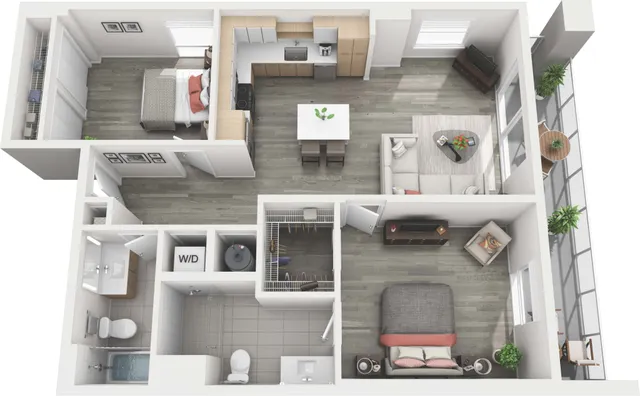 Contemporary 3D floor plan showcasing a chic 2-bedroom apartment with an open living and dining area, modern kitchen, and private balcony.