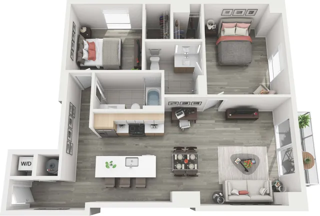 Modern 3D floor plan showcasing two bedrooms, a sleek open kitchen, and a cozy living area with balcony access.