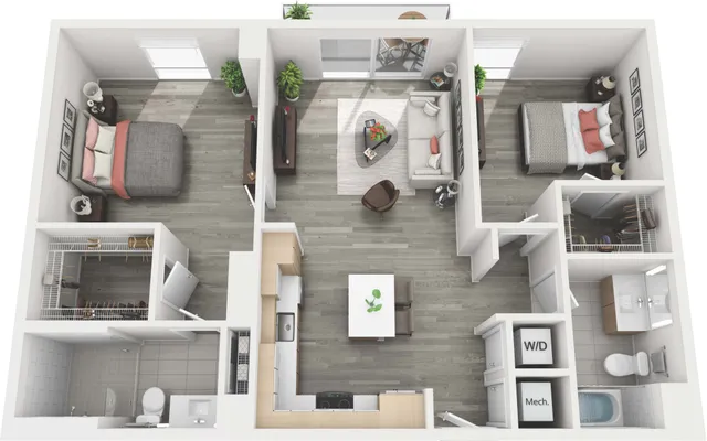 Modern 3D floor plan showcasing two bedrooms, a cozy living room, sleek kitchen, and stylish bathrooms.