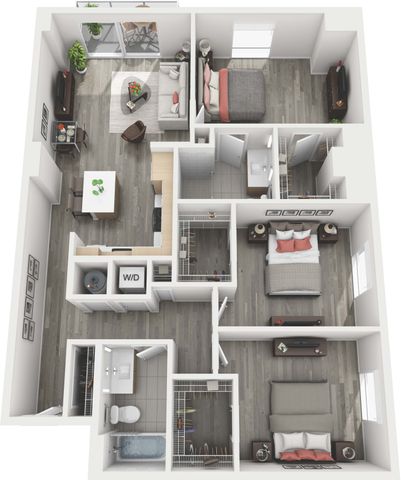 Modern apartment floor plan showcasing two cozy bedrooms, a spacious living area, and a sleek kitchen, perfect for stylish living.