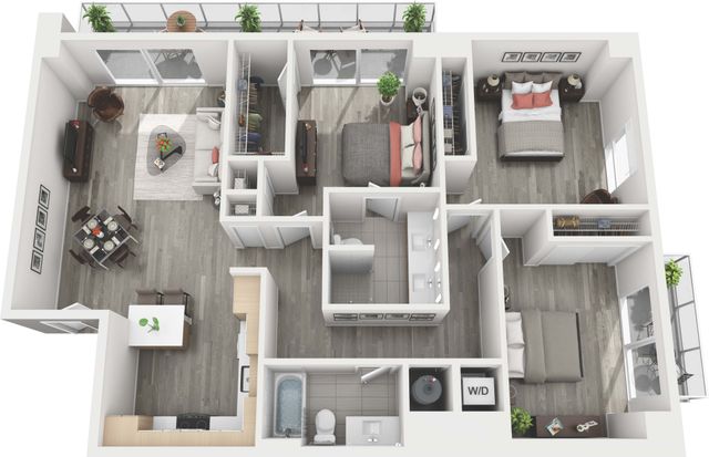 Chic floor plan illustrating 3 bedrooms, open living area, and modern kitchen with a cozy balcony space.