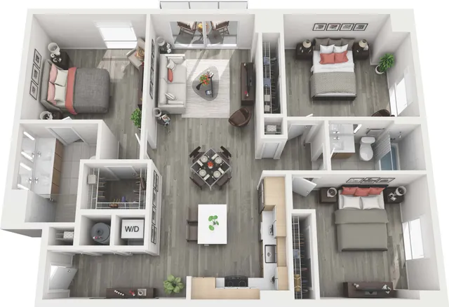 Contemporary 3D floor plan showcasing three spacious bedrooms, modern kitchen, open living room, two sleek bathrooms, and a cozy dining area, perfect for stylish urban living.