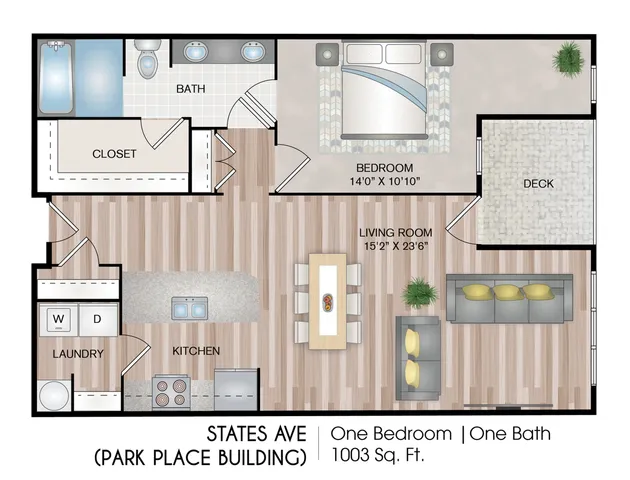 Elegant one-bedroom apartment floor plan at States Ave, featuring a spacious living room, modern kitchen, and private deck. Includes laundry area and ample closet space within 1003 sq ft.