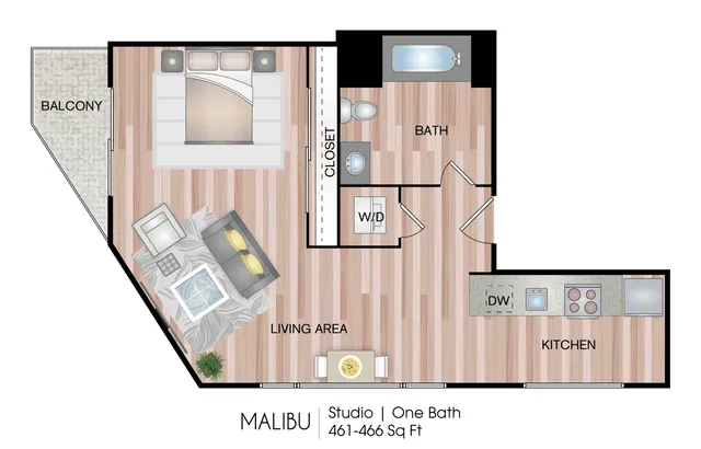 Chic Malibu studio floor plan featuring a cozy living area, modern kitchen, and serene balcony, 461-466 sq ft.