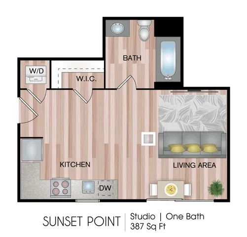 Chic Sunset Point studio floor plan with open kitchen, cozy living area, spacious bath, and walk-in closet, 387 sq ft.