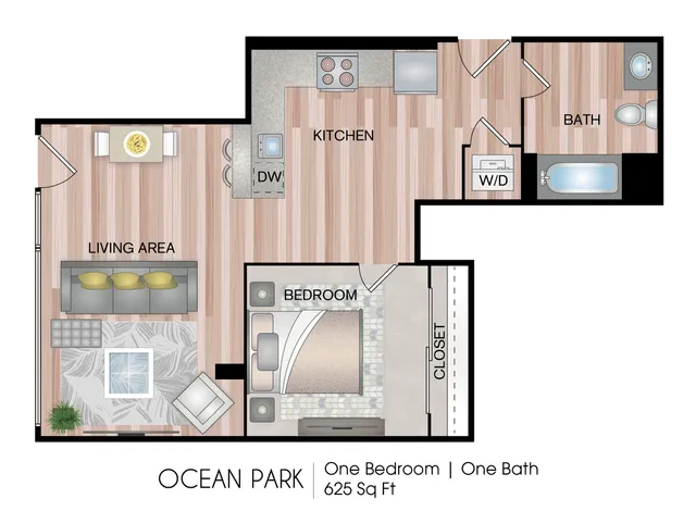 Ocean Park floor plan featuring a cozy one-bedroom and one-bath layout with a stylish kitchen, inviting living area, and 625 sq ft of modern living space.
