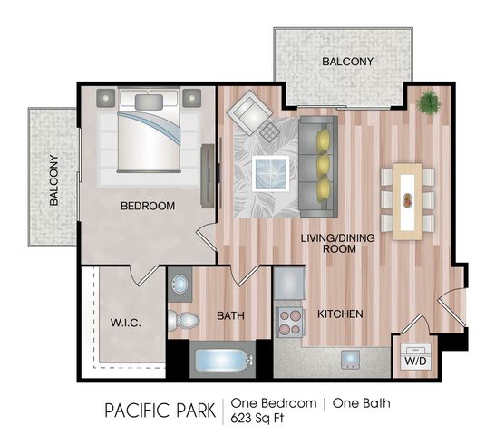 Chic Pacific Park floor plan showcasing a one-bedroom suite with a modern living/dining area, sleek kitchen, and spacious balcony, 623 sq ft.
