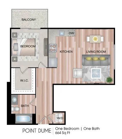 Modern Point Dume floor plan with one bedroom, spacious living room, open kitchen, and private balcony, totaling 664 sq ft.