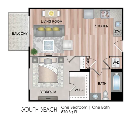 Chic floor plan of the South Beach model featuring a spacious bedroom, modern kitchen, cozy living room, and private balcony in a compact 570 sq ft layout.