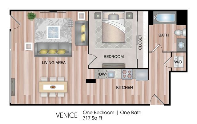 Venice floor plan showcasing a 717 sq ft layout with one bedroom, elegant living area, modern kitchen, and a full bath.