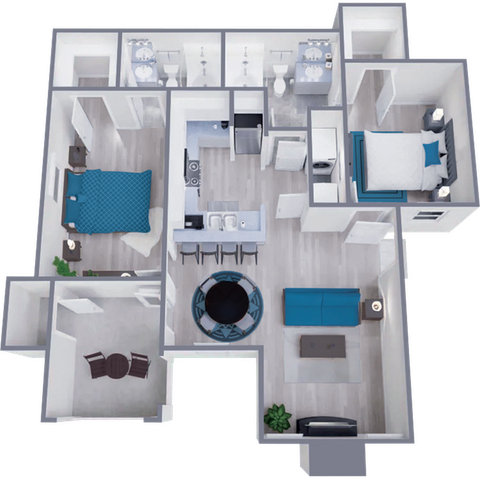 B2 Classic floor plan featuring 2 bedrooms 2 bathrooms