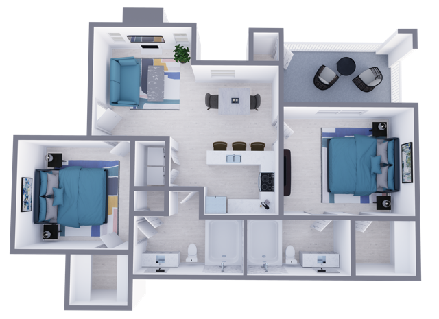 B2 Classic floor plan featuring 2 bedrooms 2 bathrooms