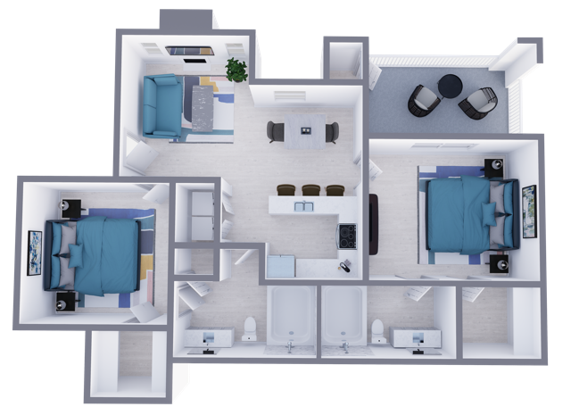 B2 Renovated floor plan featuring 2 bedrooms 2 bathrooms