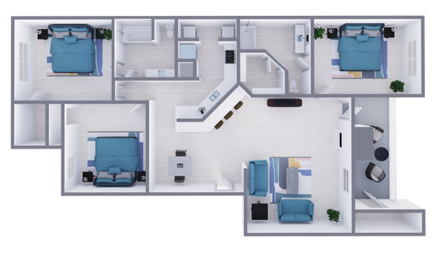 C1 Renovated floor plan featuring 3 bedrooms 2 bathrooms