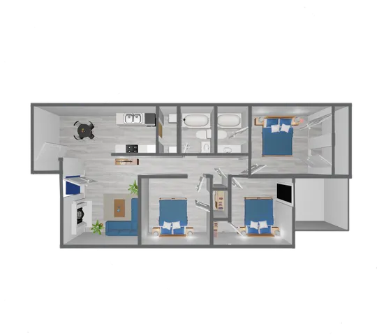 C1 Renovated floor plan featuring 3 bedrooms 2 bathrooms