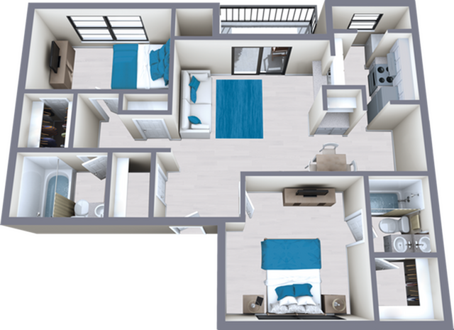 B1 Renovated floor plan featuring 2 bedrooms 2 bathrooms