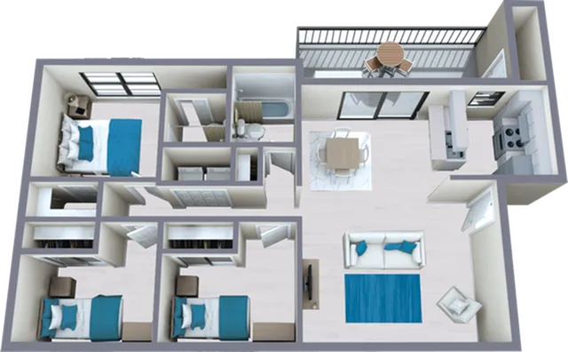 C1 Classic floor plan featuring 3 bedrooms 2 bathrooms