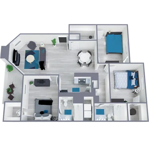 C1 Classic floor plan featuring 3 bedrooms 2 bathrooms