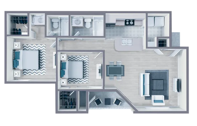 B1 Renovated floor plan featuring 2 bedrooms 2 bathrooms