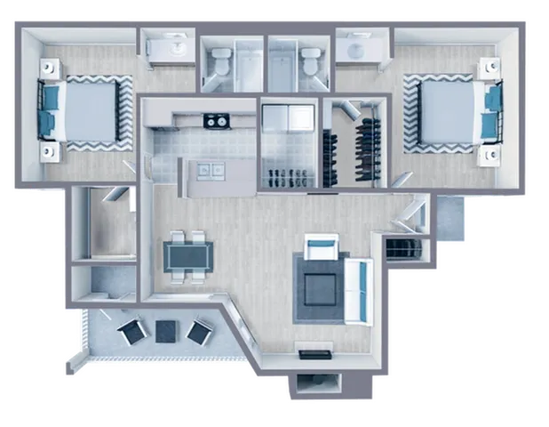 B2 Classic floor plan featuring 2 bedrooms 2 bathrooms