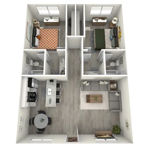 B1 Upgrade floor plan featuring 2 bedrooms 2 bathrooms