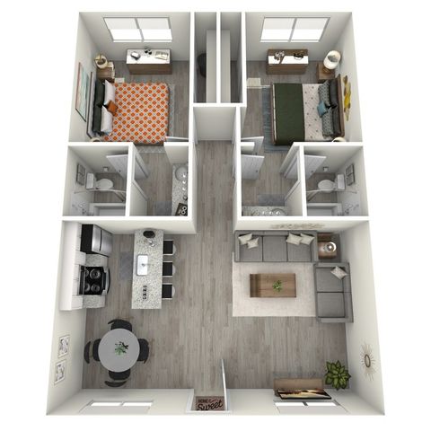 B1 Renovated floor plan featuring 2 bedrooms 2 bathrooms