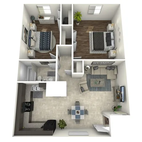 B2 Renovated floor plan featuring 2 bedrooms 1 bathroom