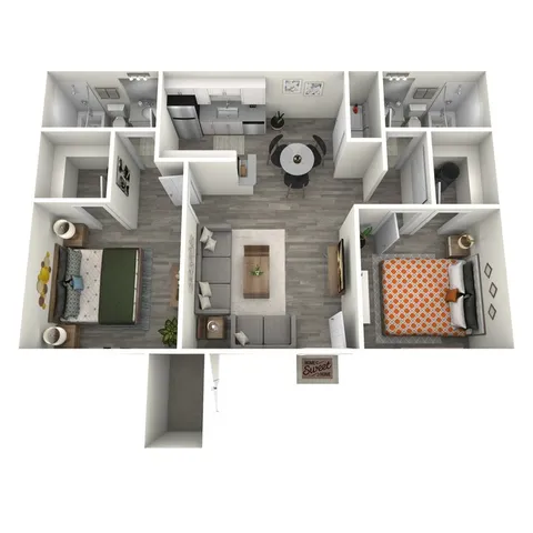 B1 Renovated floor plan featuring 2 bedrooms 2 bathrooms