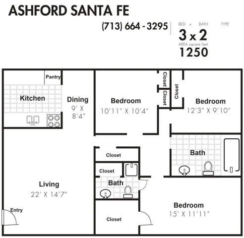 C - 3bed, 2bath - 1250sqft
