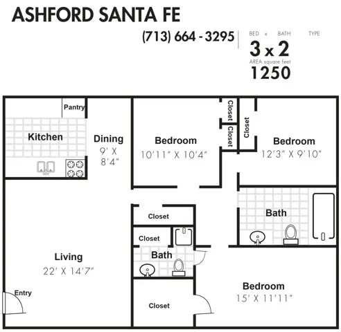 C - 3bed, 2bath - 1250sqft