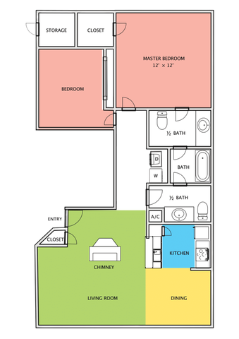 Modern 2D floor plan showcasing a spacious 2-bedroom layout with master suite, open living room with chimney, and a bright kitchen connected to dining area.