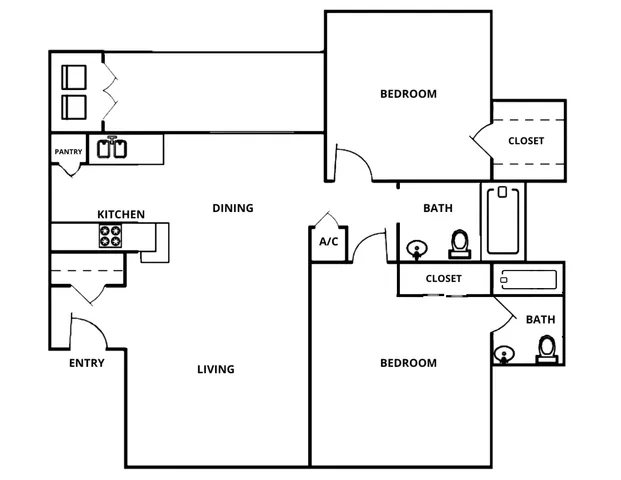 Contemporary 2 bedroom floor plan with open kitchen, dining area, spacious living room, and dual baths for comfort and convenience.
