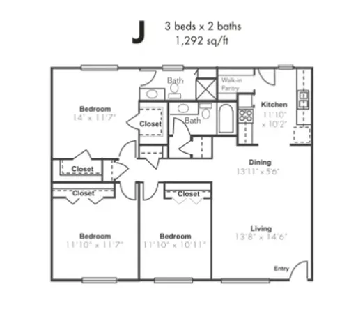 Modern floor plan showcasing 3 bedrooms, 2 baths, and a spacious living area with a walk-in pantry, covering 1,292 sq ft.