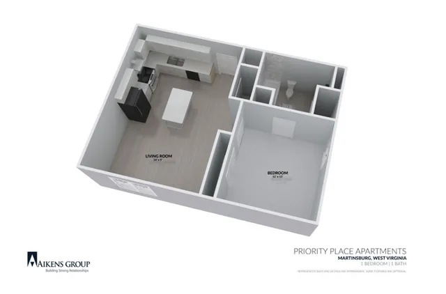 3D floor plan of a Priority Place Apartment in Martinsburg showing 1 bedroom, a living room, and a kitchen, featuring modern design.
