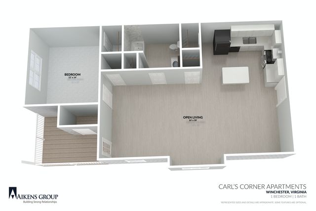 Modern 3D floor plan highlighting a spacious 1-bedroom layout with an open concept living area and sleek kitchen in Winchester, Virginia at Carl\'s Corner Apartments.