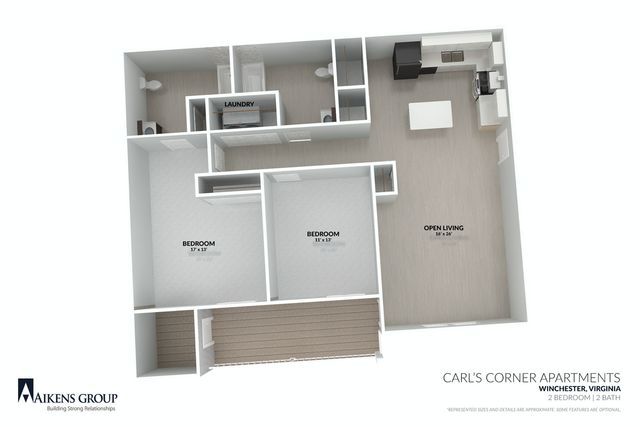 Elegant 3D floor plan of Carl\'s Corner Apartments in Winchester, Virginia showcasing 2 spacious bedrooms, 2 bathrooms, and an open living area with modern kitchen design.
