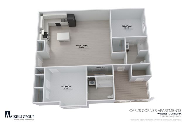 Contemporary 3D floor plan of Carl\'s Corner Apartments in Winchester, Virginia, featuring 2 bedrooms, 2 baths, and a spacious open living area with a modern kitchen and convenient laundry space.