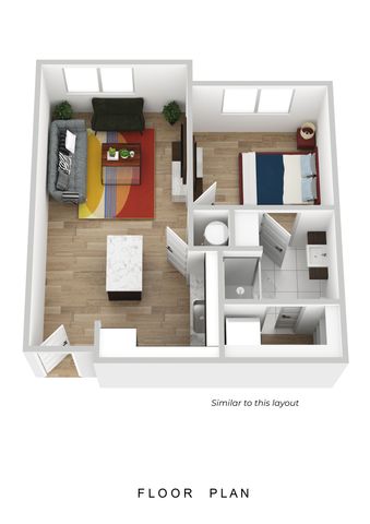 Chic 3D floor plan showcasing a cozy living room, inviting bedroom, and stylish bathroom with modern accents.
