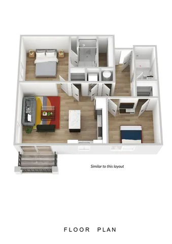 Elegant floor plan showcasing 2 bedrooms, an inviting living area, modern kitchen, and a stylish bathroom.