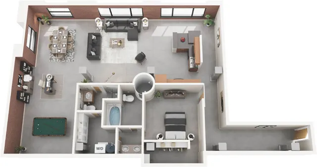 Modern 3D floor plan with one bedroom, spacious living and dining area, stylish kitchen, office nook, and recreational space with pool table, featuring large windows and contemporary design.