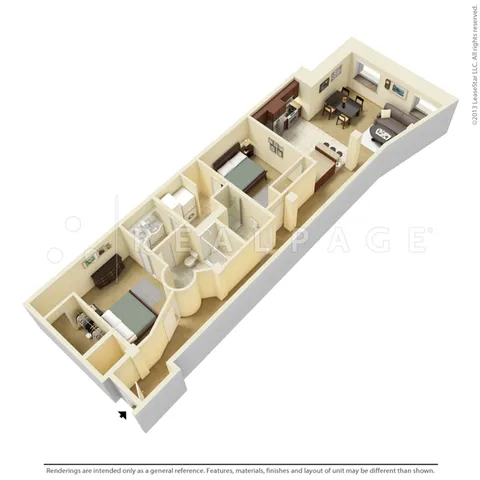 Chic 3D apartment layout with two bedrooms, a modern kitchen, cozy living area, and two bathrooms showcasing efficient use of space.