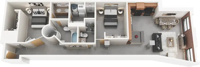 Spacious modern floor plan featuring 2 bedrooms, elegant open kitchen, dining area, and cozy living room with abundant natural light.
