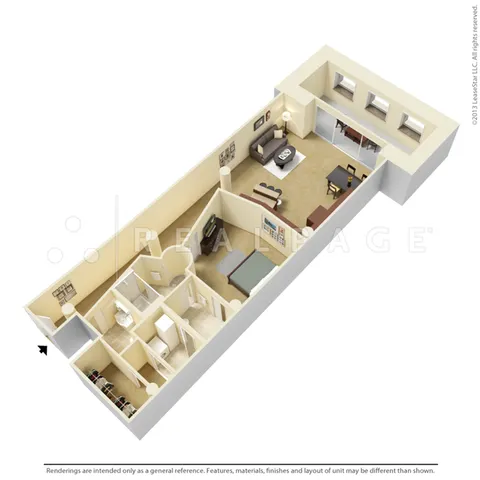 Elegant 3D floor plan featuring a spacious 1-bedroom apartment with a modern living area, dining space, and well-designed bathroom.
