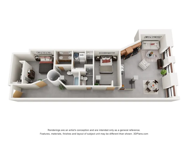 Modern 3D apartment floor plan with two elegant bedrooms, two stylish bathrooms, open-concept kitchen, cozy living area, and dining space, perfect for contemporary living.