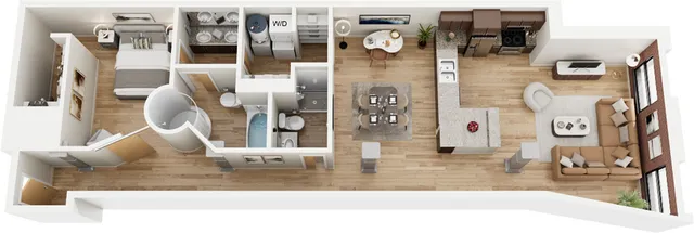 Contemporary open-concept apartment layout featuring a spacious living area, modern kitchen with island, cozy bedroom, and two bathrooms with in-unit washer and dryer.