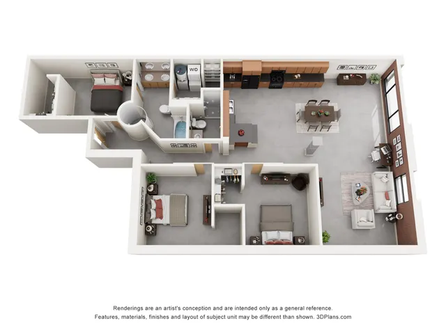 Sleek 3D floor plan showcasing a modern two-bedroom apartment with two bathrooms, a spacious open-plan kitchen, and a bright living area with large windows.