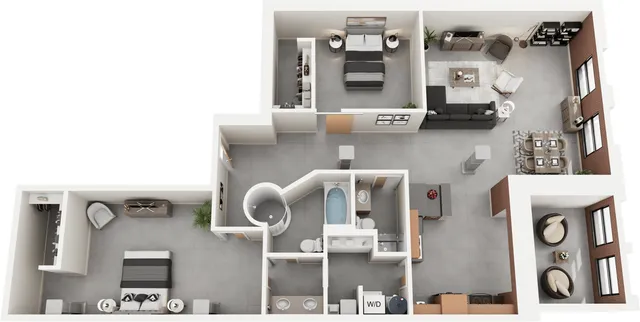 Modern 3D floor plan with 2 bedrooms, spacious living area, and open kitchen design, featuring a cozy dining space and two bathrooms.