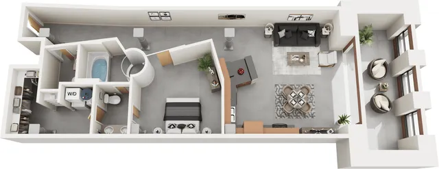 Modern open-concept apartment floor plan featuring a spacious living area, stylish kitchen, cozy bedroom, and elegant balcony seating.