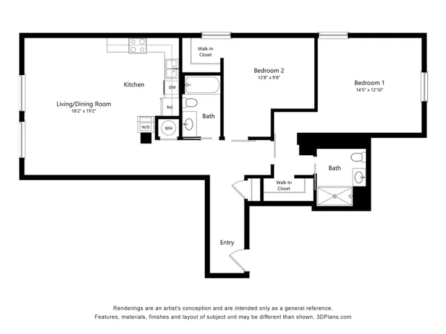 Modern 2D floor plan showcasing 2 bedrooms, 2 bathrooms, and spacious living/dining room with a contemporary kitchen.